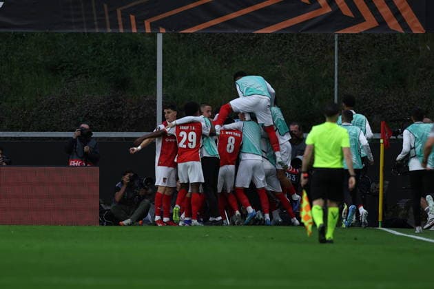 April 30, 2026, Braga, Braga, Portugal: BRAGA, PORTUGAL - APRIL 30: Demir Ege TÄÂ±knaz of SC Braga celebrates goal during UEFA Europa League 2025 26 Semi-Final First Leg match between SC Braga and Club Freiburg at Estadio Municipal de Braga on April 30, 2026 in Braga, Portugal. UEFA Europa League 2025 26 Semi-Final First Leg Match SC Braga And Sport-Club Freiburg  - ZUMAe141 20260430_zsp_e141_008 Copyright: xLuisxEirasx