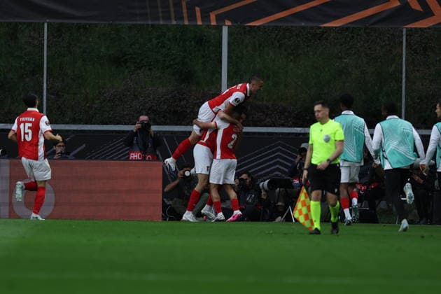 April 30, 2026, Braga, Braga, Portugal: BRAGA, PORTUGAL - APRIL 30: Demir Ege TÄÂ±knaz of SC Braga celebrates goal during UEFA Europa League 2025 26 Semi-Final First Leg match between SC Braga and Club Freiburg at Estadio Municipal de Braga on April 30, 2026 in Braga, Portugal. UEFA Europa League 2025 26 Semi-Final First Leg Match SC Braga And Sport-Club Freiburg  - ZUMAe141 20260430_zsp_e141_009 Copyright: xLuisxEirasx