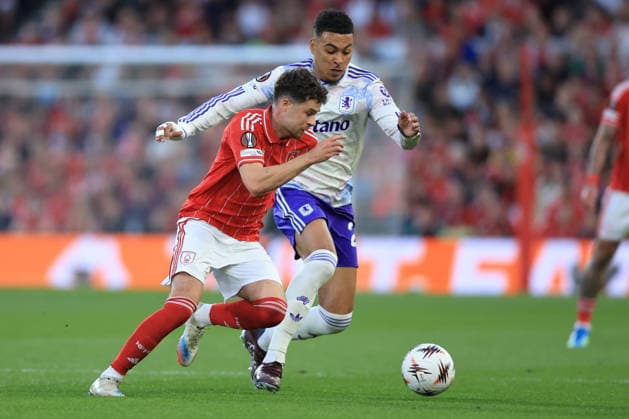 Nottingham Forest FC v Aston Villa FC - UEFA Europa League 2025 26 Semi-Final First Leg Neco Williams of Nottingham Forest and Morgan Rogers of Aston Villa challenge during the UEFA Europa League 2025 26 Semi-Final First Leg match between Nottingham Forest FC and Aston Villa FC at City Ground on April 30, 2026 in Nottingham, England. WARNING! This Photograph May Only Be Used For Newspaper And Or Magazine Editorial Purposes. May Not Be Used For Publications Involving 1 player, 1 Club Or 1 Competition Without Written Authorisation From Football DataCo Ltd. For Any Queries, Please Contact Football DataCo Ltd on +44 (0) 207 864 9121 Nottingham City Ground England United Kingdom Copyright: xAllstarxPicturexLibraryxLtdx