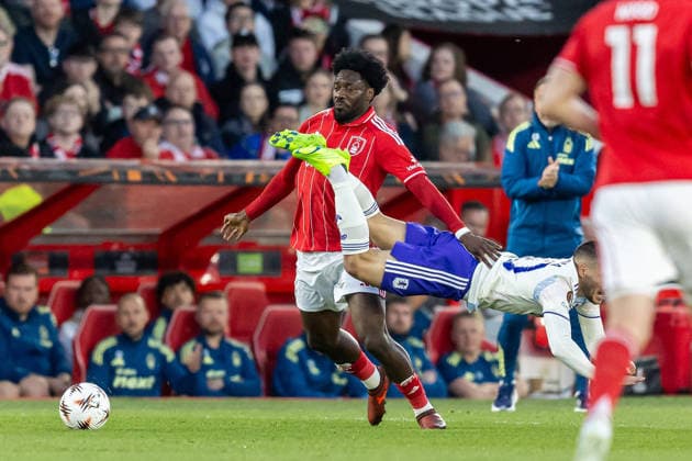Nottingham Forest v Aston Villa, Europa League, Semi Final First Leg Nottingham Forest defender Ola Aina (34) battles for possession with Aston Villa midfielder Emi Buendia (10) during the Europa League semi-final 1st leg match between Nottingham Forest and Aston Villa at the City Ground, Nottingham, UK on 30 April 2026. Nottingham City Ground Nottinghamshire UK Editorial use only , Copyright: xManjitxNarotrax PSI-24183-0022
