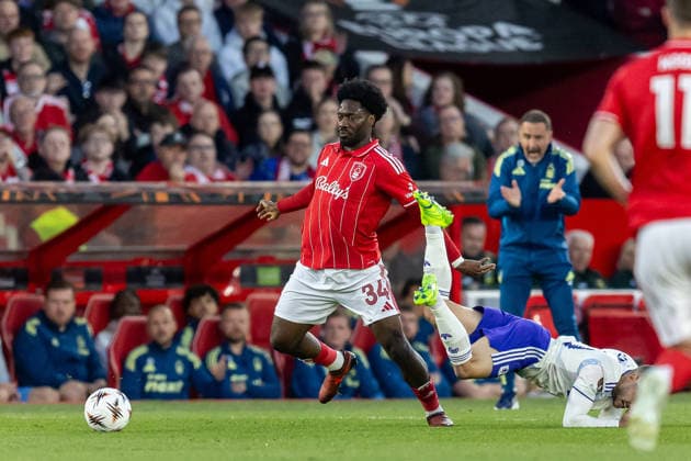 Nottingham Forest v Aston Villa, Europa League, Semi Final First Leg Nottingham Forest defender Ola Aina (34) battles for possession with Aston Villa midfielder Emi Buendia (10) during the Europa League semi-final 1st leg match between Nottingham Forest and Aston Villa at the City Ground, Nottingham, UK on 30 April 2026. Nottingham City Ground Nottinghamshire UK Editorial use only , Copyright: xManjitxNarotrax PSI-24183-0023