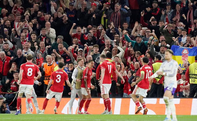 Nottingham, England, 30th April 2026. Chris Wood of Nottingham Forest celebrates scoring the first goal past Emiliano Martinez of Aston Villa from the penalty spot during the Nottingham Forest vs Aston Villa UEFA Europa League Semi Final 1st leg match at the City Ground, Nottingham. Picture credit should read: Andrew Yates Sportimage EDITORIAL USE ONLY. No use with unauthorised audio, video, data, fixture lists, club league logos or live services. Online in-match use limited to 120 images, no video emulation. No use in betting, games or single club league player publications. SPI_052_AY_Forest_Villa SPI-4767-0052