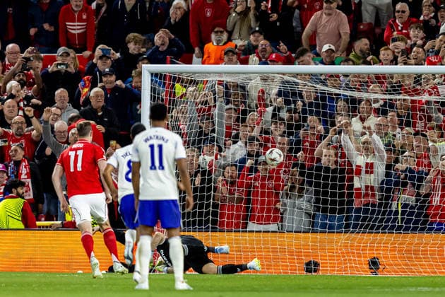 Nottingham Forest v Aston Villa, Europa League, Semi Final First Leg GOAL scores 1-0 Nottingham Forest forward Chris Wood (11) scores from penalty during the Europa League semi-final 1st leg match between Nottingham Forest and Aston Villa at the City Ground, Nottingham, UK on 30 April 2026. Nottingham City Ground Nottinghamshire UK Editorial use only , Copyright: xManjitxNarotrax PSI-24183-0046