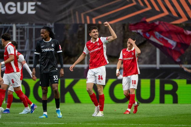 April 30, 2026, Braga, Braga, Portugal: BRAGA, PORTUGAL - APRIL 30: Tiknaz of SC Braga is seen celebrating his goal during the UEFA Europa League semi final first leg match between SC Braga and SC Freiburg at Estadio Municipal de Braga on April 30, 2026 in Braga, Portugal Braga Portugal - ZUMAl192 20260430_zsp_l192_022 Copyright: xMiguelxLemosx