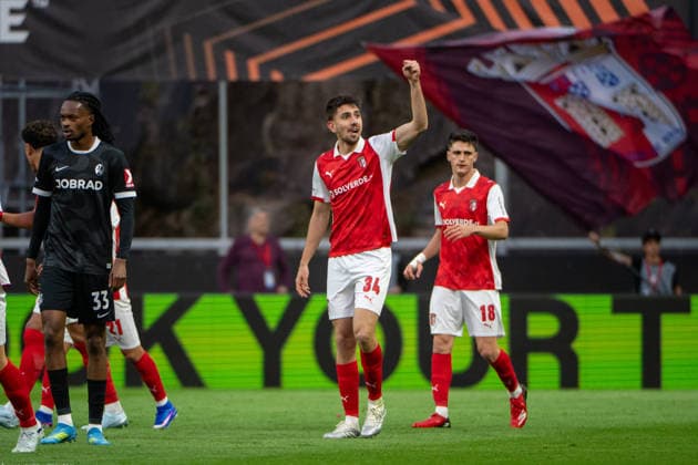 April 30, 2026, Braga, Braga, Portugal: BRAGA, PORTUGAL - APRIL 30: Tiknaz of SC Braga is seen celebrating his goal during the UEFA Europa League semi final first leg match between SC Braga and SC Freiburg at Estadio Municipal de Braga on April 30, 2026 in Braga, Portugal Braga Portugal - ZUMAl192 20260430_zsp_l192_015 Copyright: xMiguelxLemosx