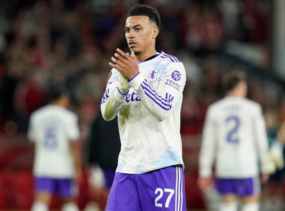 Nottingham, England, 30th April 2026. Morgan Rogers of Aston Villa applauds the fans during the Nottingham Forest vs Aston Villa UEFA Europa League Semi Final 1st leg match at the City Ground, Nottingham. Picture credit should read: Andrew Yates Sportimage EDITORIAL USE ONLY. No use with unauthorised audio, video, data, fixture lists, club league logos or live services. Online in-match use limited to 120 images, no video emulation. No use in betting, games or single club league player publications. SPI_060_AY_Forest_Villa SPI-4767-0060
