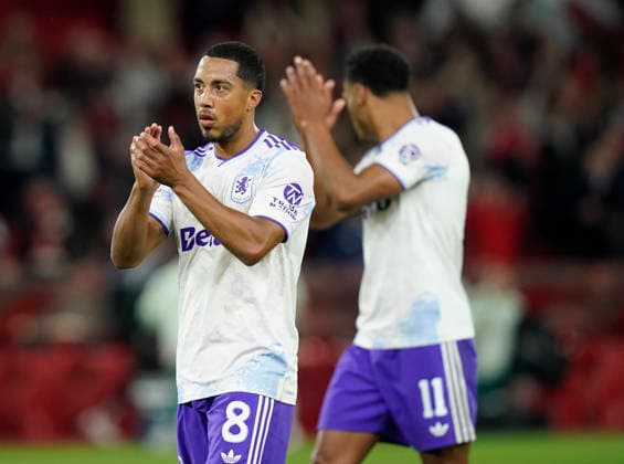 Nottingham, England, 30th April 2026. Youri Tielemans of Aston Villa applauds the fans during the Nottingham Forest vs Aston Villa UEFA Europa League Semi Final 1st leg match at the City Ground, Nottingham. Picture credit should read: Andrew Yates Sportimage EDITORIAL USE ONLY. No use with unauthorised audio, video, data, fixture lists, club league logos or live services. Online in-match use limited to 120 images, no video emulation. No use in betting, games or single club league player publications. SPI_062_AY_Forest_Villa SPI-4767-0062
