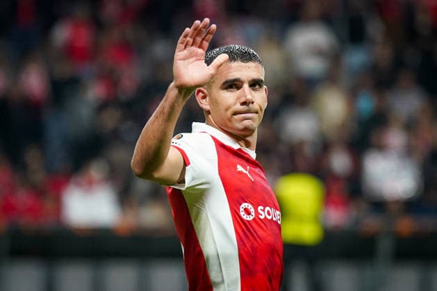 Portugal Football Europa League 2025 2026, semi-final Sporting Braga vs SC Freiburg Estadio Municipal de Braga POR Victor Gomez SC Braga, 2 joy, emotions, cheering gesture, gesture, emotion, facial expression, facial expression Copyright: xJOERANxSTEINSIEKx
