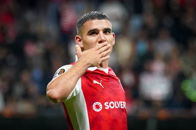 Portugal Football Europa League 2025 2026, semi-final Sporting Braga vs SC Freiburg Estadio Municipal de Braga POR Victor Gomez SC Braga, 2 joy, emotions, cheering gesture, gesture, emotion, facial expression, facial expression Copyright: xJOERANxSTEINSIEKx