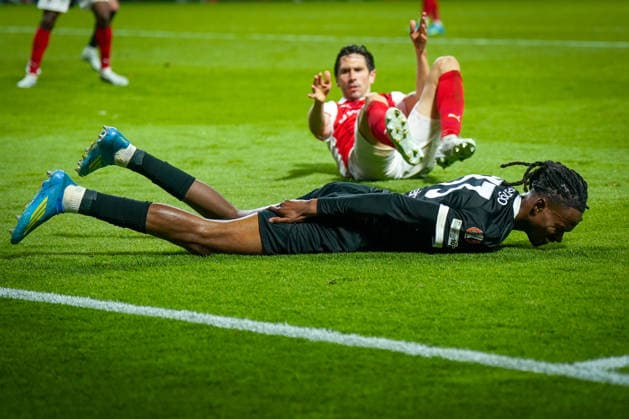 Portugal Football Europa League 2025 2026, semi-final Sporting Braga vs SC Freiburg Estadio Municipal de Braga POR Jordy Makengo SC Freiburg, 33 on the ground Copyright: xJOERANxSTEINSIEKx