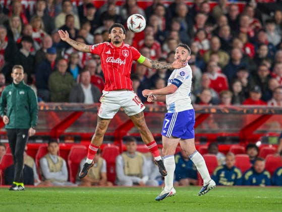 Nottingham Forest v Aston Villa UEFA Europa League Morgan Gibbs-White of Nottingham Forest wins a header during the UEFA Europa League Semi-final First Leg match at the City Ground, Nottingham 30 04 2026 UK Newspapers OUT Copyright: xKarlxVallantinex FIL-23370-0071