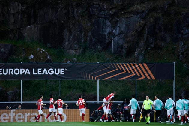 SC Braga v SC Freiburg - UEFA Europa League 2025 26 Semi-Final Leg One BRAGA, PORTUGAL - APRIL 30: Demir Ege TÄ±knaz of SC Braga celebrates after scoring his team s first goal during the UEFA Europa League 2025 26 Semi-Final Leg One match between SC Braga and SC Freiburg at Estadio Municipal de Braga on April 08, 2026 in Braga, Portugal. (Photo by Diego Simon Photo Players Images Magara press) Braga Estadio Municipal de Braga Portugal Copyright: xDiegoxSimonx