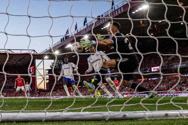 RECORD DATE NOT STATED 30th April 2026; The City Ground, Nottingham, England; UEFA Europa League Football, Nottingham Forest versus Aston Villa; Emiliano Martinez of Aston Villa saves on the goal line from the shot of Igor Jesus of Nottingham Forest GodfreyxPitt