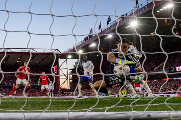 RECORD DATE NOT STATED 30th April 2026; The City Ground, Nottingham, England; UEFA Europa League Football, Nottingham Forest versus Aston Villa; Emiliano Martinez of Aston Villa saves on the goal line from the shot of Igor Jesus of Nottingham Forest GodfreyxPitt