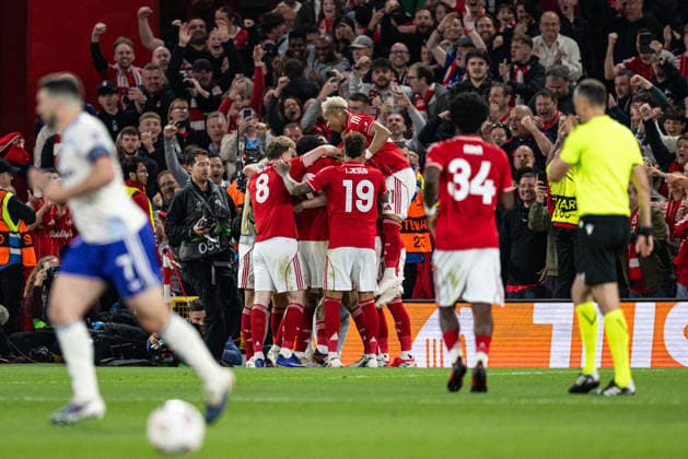 RECORD DATE NOT STATED 30th April 2026; The City Ground, Nottingham, England; UEFA Europa League Football, Nottingham Forest versus Aston Villa; Chris Wood of Nottingham Forest celebrates with his team after scoring in the 71st minute to make the score 1-0 GodfreyxPitt