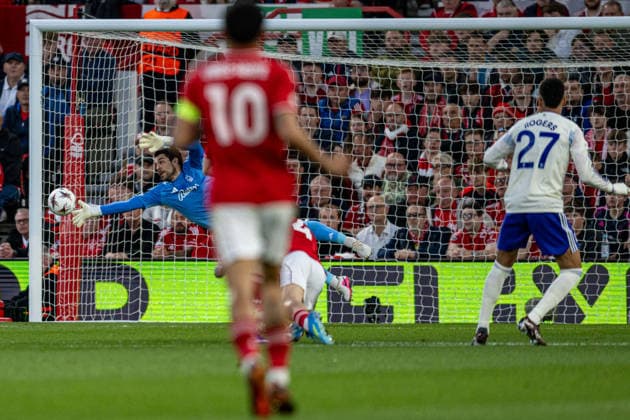 RECORD DATE NOT STATED 30th April 2026; The City Ground, Nottingham, England; UEFA Europa League Football, Nottingham Forest versus Aston Villa; Stefan Ortega of Nottingham Forest makes a diving save GodfreyxPitt