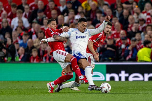 RECORD DATE NOT STATED 30th April 2026; The City Ground, Nottingham, England; UEFA Europa League Football, Nottingham Forest versus Aston Villa; Morgan Rogers of Aston Villa is held up by Nicolas Dominguez of Nottingham Forest GodfreyxPitt