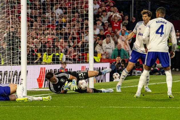 RECORD DATE NOT STATED 30th April 2026; The City Ground, Nottingham, England; UEFA Europa League Football, Nottingham Forest versus Aston Villa; Emiliano Martinez of Aston Villa makes a save on the goal line from a shot by Igor Jesus of Nottingham Forest GodfreyxPitt
