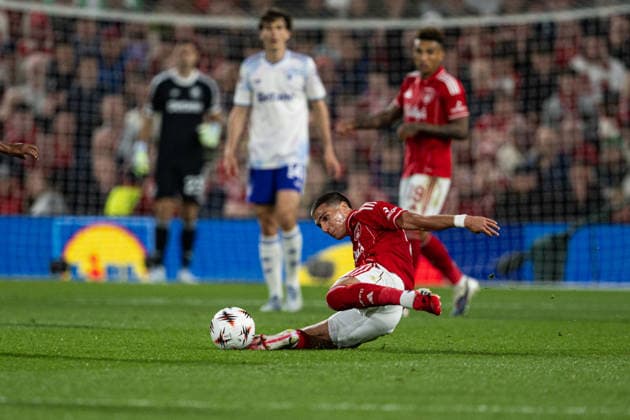 RECORD DATE NOT STATED 30th April 2026; The City Ground, Nottingham, England; UEFA Europa League Football, Nottingham Forest versus Aston Villa; Nicolas Dominguez of Nottingham Forest is brought down by Ian Maatsen of Aston Villa but manages to pass the ball GodfreyxPitt