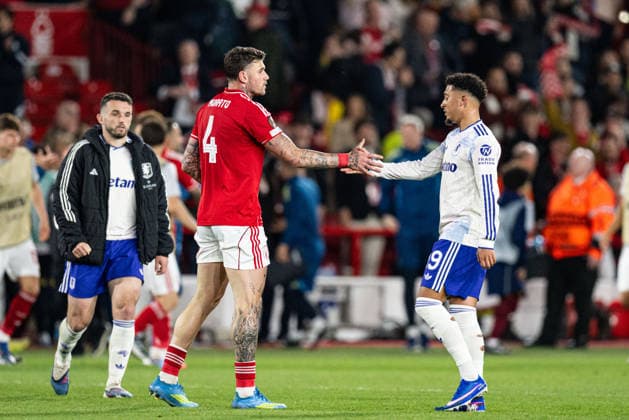 RECORD DATE NOT STATED 30th April 2026; The City Ground, Nottingham, England; UEFA Europa League Football, Nottingham Forest versus Aston Villa; Morato of Nottingham Forest shakes hands with Jadon Sancho of Aston Villa after the final whistle GodfreyxPitt