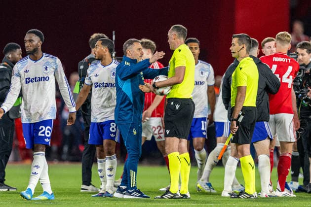 RECORD DATE NOT STATED 30th April 2026; The City Ground, Nottingham, England; UEFA Europa League Football, Nottingham Forest versus Aston Villa; Nottingham Forest Head Coach Vitor Pereira greets referee Joao Pinheiro (POR) after the final whistle GodfreyxPitt