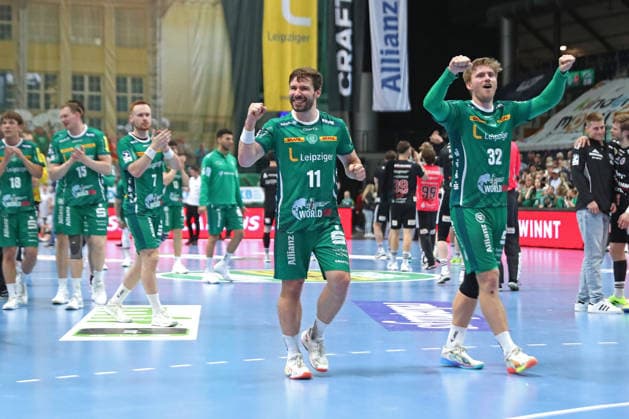 Handball DAIKIN HBL, SC DHfK Leipzig HC Erlangen 30 04 2026 Lukas Binder 11, SC DHfK Leipzig and Franz Semper 32, SC DHfK Leipzig celebrate the victory Handball, DAIKIN HBL, 1 Bundesliga, Season 2025 2026, Matchday 30 SC DHfK Leipzig vs HC Erlangen on 30 04 2026 at Quarterback Immobilien Arena Leipzig Copyright: xBEAUTIFULxSPORTS JanxKaeferx
