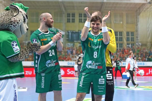 Handball DAIKIN HBL, SC DHfK Leipzig HC Erlangen 30 04 2026 Lucas Krzikalla 8, SC DHfK Leipzig is happy about the victory Handball, DAIKIN HBL, 1 Bundesliga, Season 2025 2026, Matchday 30 SC DHfK Leipzig vs HC Erlangen on 30 04 2026 at Quarterback Immobilien Arena Leipzig Copyright: xBEAUTIFULxSPORTS JanxKaeferx