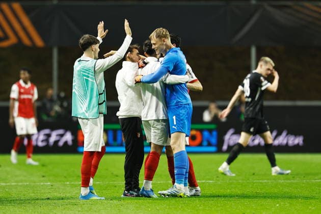 Braga team group, Mannschaftsbild, Totale (Braga), APRIL 30, 2026 - Football Soccer : Braga team players celebrate after winning UEFA Europa League Semi-finals 1st leg match between SC Braga - SC Freiburg at the Estadio Municipal de Braga in Braga, Portugal. Noxthirdxpartyxsales  aflo_328816621