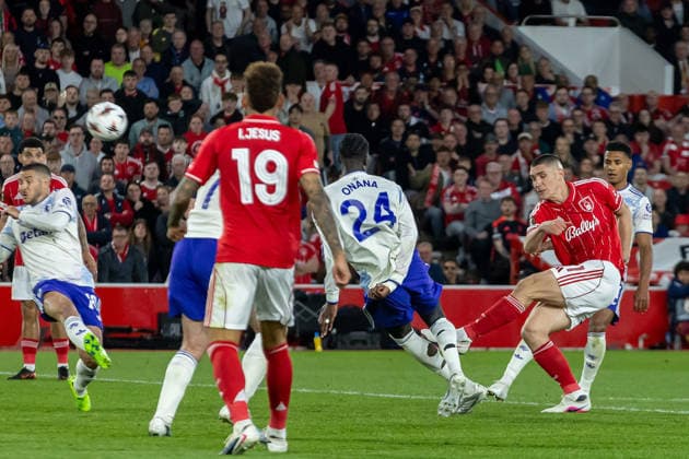 Nottingham Forest v Aston Villa, Europa League, Semi Final First Leg Nottingham Forest defender Nikola Milenkovic (31) shoots at goal during the Europa League semi-final 1st leg match between Nottingham Forest and Aston Villa at the City Ground, Nottingham, UK on 30 April 2026. Nottingham City Ground Nottinghamshire UK Editorial use only , Copyright: xManjitxNarotrax PSI-24183-0123