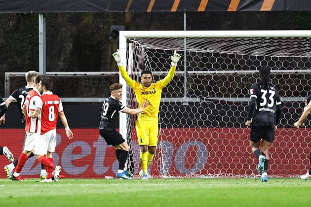 Noah Atubolu (Freiburg), APRIL 30, 2026 - Football Soccer : Noah Atubolu celebrate after save of PK during UEFA Europa League Semi-finals 1st leg match between SC Braga - SC Freiburg at the Estadio Municipal de Braga in Braga, Portugal. Noxthirdxpartyxsales  aflo_328820278