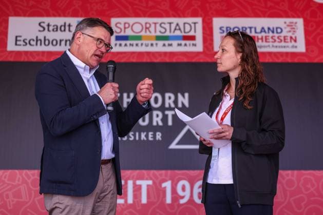 Cycling UCI WorldTour Men Elite 63 Eschborn Frankfurt am 01 05 2026 Boris Rhein Minister President of Hesse , left Maren Hopf ASO Germany , right xJRx