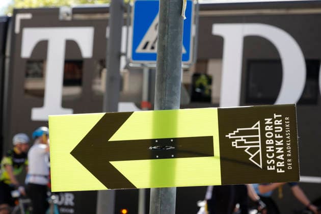 01 05 2026 The Eschborn Frankfurt 2026 cycling race Signpost sign for participants in the Eschborn Frankfurt Hesse cycling classic Germany
