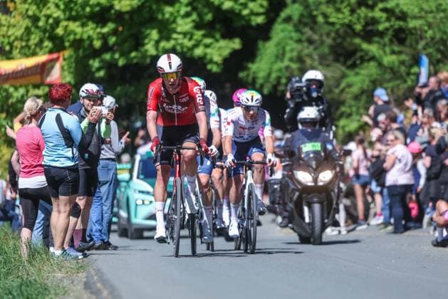 Cycling UCI WorldTour Men Elite 63 Eschborn Frankfurt am 01 05 2026 Jonas Rutsch Lotto IntermarchÃ leads the breakaway group on the Burgweg xJRx