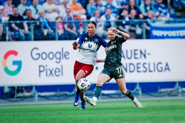 Google Pixel Womens Bundesliga Hamburger SV vs 1 FC Union Berlin, 01 05 2026 Melina Krüger Hamburger SV, 9 vs Judith Steinert 1 FC Union Berlin, 17 in duel Soccer, Google Pixel Womens Bundesliga, 24 Matchday Hamburger SV vs 1 FC Union Berlin on 01 05 2026 at Volksparkstadion, Hamburg DFB REGULATIONS PROHIBIT ANY USE OF PHOTOGRAPHS AS IMAGE SEQUENCES AND OR QUASI VIDEO Copyright: xBEAUTIFULxSPORTS Tonhäuserx
