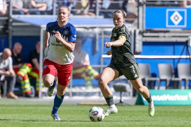 from left Christin Meyer Hamburger SV, HSV, 16 and Lisa Heiseler 1 FC Union Berlin, 7 in duel, duel, dynamic, action, action, game scene, THE DFB REGULATIONS PROHIBIT ANY USE OF PHOTOGRAPHS AS IMAGE SEQUENCES AND OR QUASI VIDEO , 01 05 2026, Hamburg Germany , Football, Google Pixel Womens Bundesliga, Hamburger SV 1 FC Union Berlin xobx