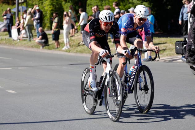 01 05 2026 The Eschborn Frankfurt 2026 bike race left Tim Wellens Team Emirates right Emiel Verstrynge Alpecin breakaway photo Peter Henrich Eschborn Frankfurt Hessen Germany