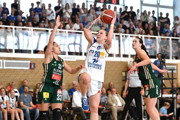 Basketball Toyota 1 Womens Bundesliga Final for the German Championship 4 Match BC Pharmaserv Marburg Rutronik Stars Keltern on 01 05 2026 at the Sporthalle am Georg Gaßmann Stadion in Marburg Lea Debeljak Marburg vs Karina Denislavova Konstantinova Keltern DFL regulations prohibit any use of photographs as image sequences and or quasi video xJKx