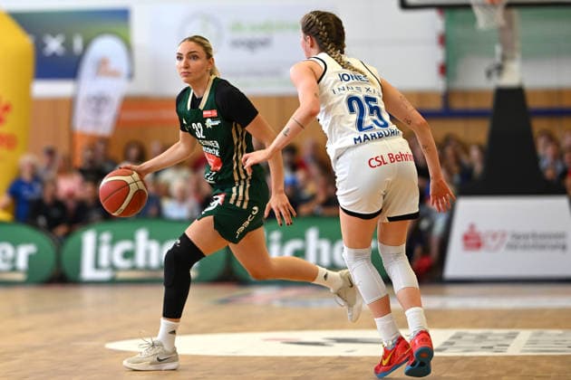 Basketball Toyota 1 Womens Bundesliga Final for the German Championship 4 Match BC Pharmaserv Marburg Rutronik Stars Keltern on 01 05 2026 in the sports hall at the Georg Gaßmann Stadium in Marburg Nevena Rosic Keltern , left Caitlyn Georgia Parker Jones Marburg , right DFL regulations prohibit any use of photographs as image sequences and or quasi video xJKx