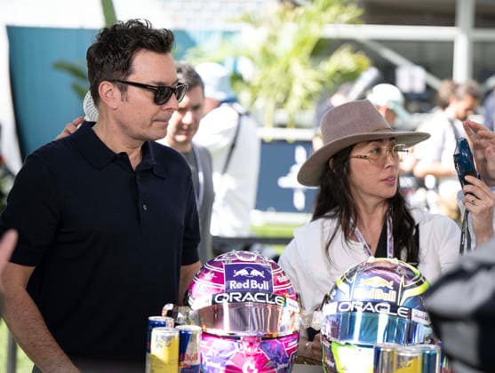 May 1, 2026, Miami, Florida, USA: JIMMY FALLON (Actor) Checking out the Red Bull Racing Helmut Designs F1 Crypto Miami GP 2026  - ZUMAm147 20260501_zap_m147_002 Copyright: xHossxMcBainx