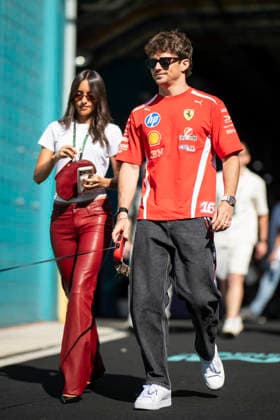Practice Session F1 Grand Prix of Miami 16 Charles Leclerc (Ferrari) and his wife Alexandre de Saint Mleux and Leo, the dog, before practice session of the F1 Grand Prix of Miami at Miami International Autodrome on May 1, 2026 in Miami Florida . Photo by Eliot Blondet ABACAPRESS.COM Miami Florida  Copyright: xBlondetxEliot ABACAx