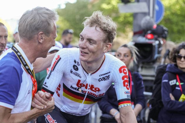 Cycling UCI WorldTour Men Elite 63 Eschborn Frankfurt am 01 05 2026 Fabian Wegmann Sports Director , left Georg Zimmermann Lotto Intermarche , right xJRx