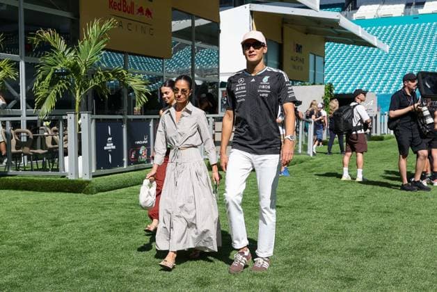Partner Carmen Montero Mundt of George Russell Mercedes AMG Petronas 63 and George Russell Mercedes AMG Petronas 63 , Miami Grand Prix, Motorsport, Men, Formula 1, Free Practice, 01 05 2026 Miami Florida USA Copyright: xkolbert-press ChristianxKolbertx