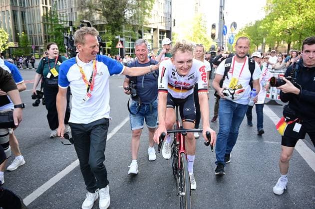 01 05,2026 xkhx Eschborn Frankfurt am Main , Radrennen Radklassiker Eschborn Frankfurt At the finish winner GEORG ZIMMERMANN LOTTO INTERMARCHE
