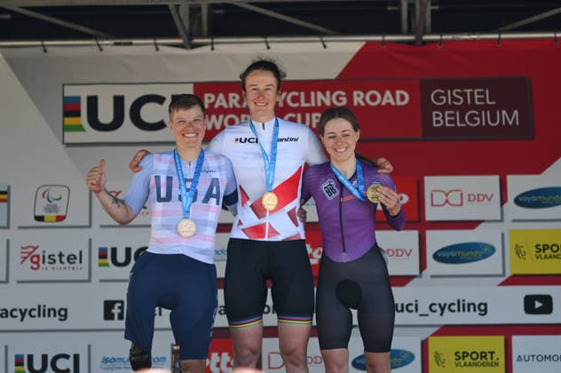 UCI Para Cycling Road World Cup: Round 2 Picture by Mathew Wells SWpix.com - 01 05 2026 - Cycling - UCI Para Cycling Road World Cup: Round 2 - Gistel, West Flanders, Belgium - Women C2 Road Race Podium - Gold: Flurina Rigling (Switzerland), Silver: Allison Jones (USA), Bronze: Amelia Cass (Great Britain) Copyright: x xSWpix.comx(t axPhotographyxHubxLtd)xMathewxWells SWpix.comx SWP-3030-13690