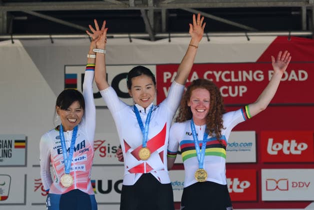 UCI Para Cycling Road World Cup: Round 2 Picture by Mathew Wells SWpix.com - 01 05 2026 - Cycling - UCI Para Cycling Road World Cup: Round 2 - Gistel, West Flanders, Belgium - Women C3 Road Race Podium - Gold: Xiaomei Wang (China), Silver: Keiko Sugiura (Japan), Bronze: Clara Brown (USA) Copyright: x xSWpix.comx(t axPhotographyxHubxLtd)xMathewxWells SWpix.comx SWP-3030-13691