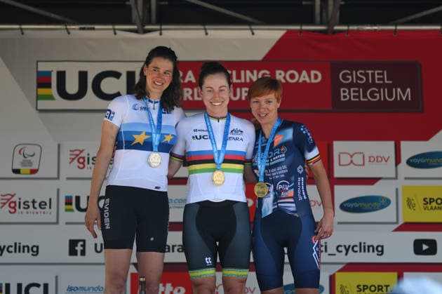 UCI Para Cycling Road World Cup: Round 2 Picture by Mathew Wells SWpix.com - 01 05 2026 - Cycling - UCI Para Cycling Road World Cup: Round 2 - Gistel, West Flanders, Belgium - Women C4 Road Race Podium - Gold: Tara Neyland (Australia), Silver: Franziska Matile-Dörig (Switzerland), Bronze: Julie Debock (Belgium) Copyright: x xSWpix.comx(t axPhotographyxHubxLtd)xMathewxWells SWpix.comx SWP-3030-13693