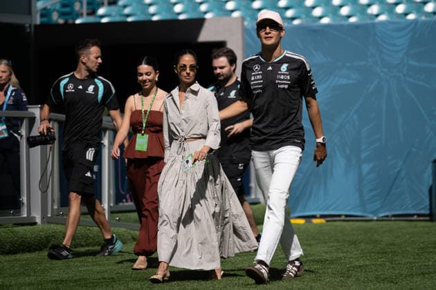 01 05 2026, xrarjax, Motorsport FIA Formula 1, Grand Prix of Miami 2026 v l Carmen Montero Mundt George Russell Mercedes AMG Petronas starting number 63 FIA REGULATIONS PROHIBIT ANY USE OF PHOTOGRAPHS as IMAGE SEQUENCES and or QUASI VIDEO Miami