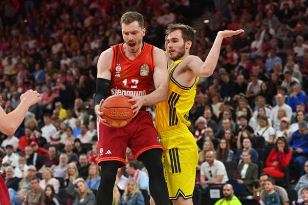 Andreas OBST FCB , Malte DELOW Berlin action,duel Basketball BBL,season 2025 2026 FC Bayern Muenchen Alba Berlin on 01 05 2026, S A P G A R D EN