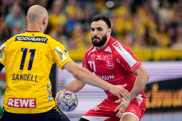 from left Lukas Sandell RNL, 11 , Mohamed Amine Darmoul MTM, 71 , duel, duel, tackle, tackling, dynamics, action, action, 01 05 2026, Mannheim Germany , Handball, Bundesliga, Rhein Neckar Löwen MT Melsungen xozx