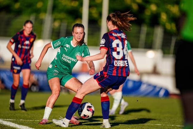Switzerland AXA Womens Super League 2025 26, FC Basel 1893 vs FC St Gallen 1879 Leichtathletik Stadion Basel, Basel Lia Ammann St Gallen and Carla Christen FC Basel battle for the ball duel Copyright: xDanielaxPorcellix